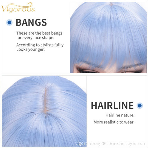 Hot sale wholesale cheap high quality premium blue short hair fibre synthetic bob air bang wigs heat resistant for black woman